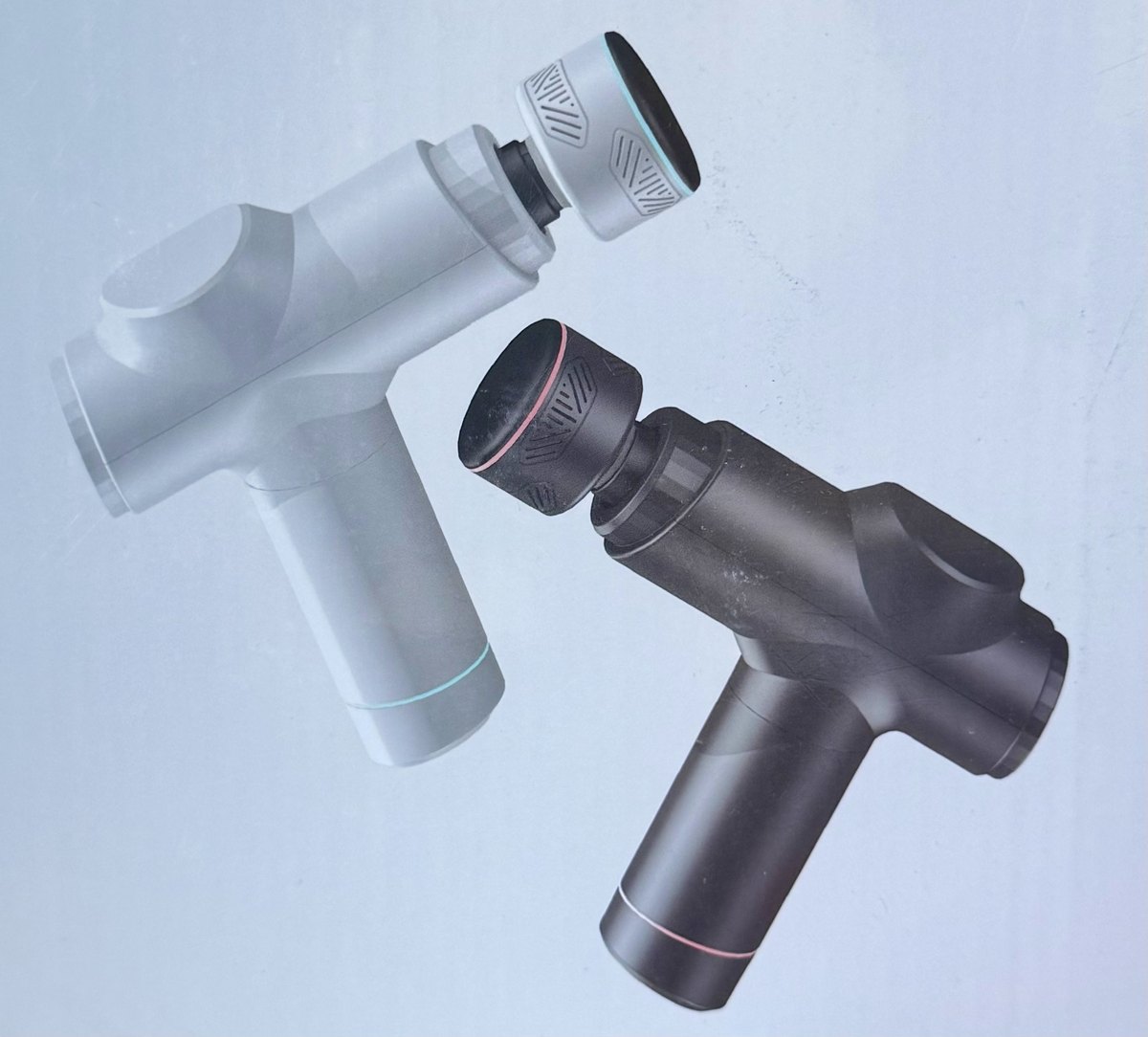 Heat & Cold Fascia Gun — versões branca e preta com ponteira intercambiável